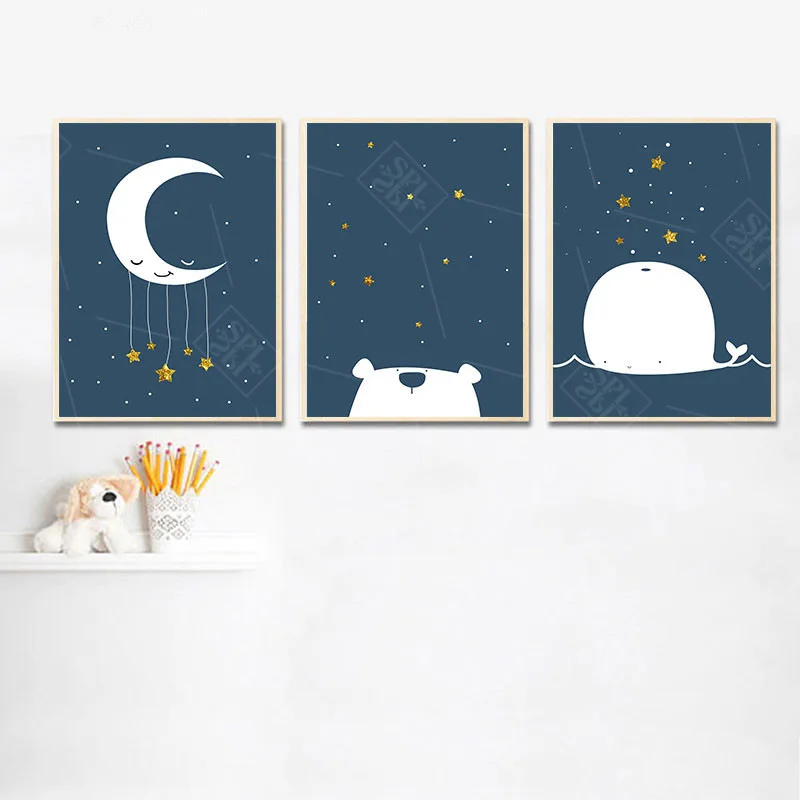 

Baby Nursery Canvas Poster Cartoon Whale Moon Wall Art Print Minimalist Painting Decoration Picture Nordic Kid Boy Room No Frame