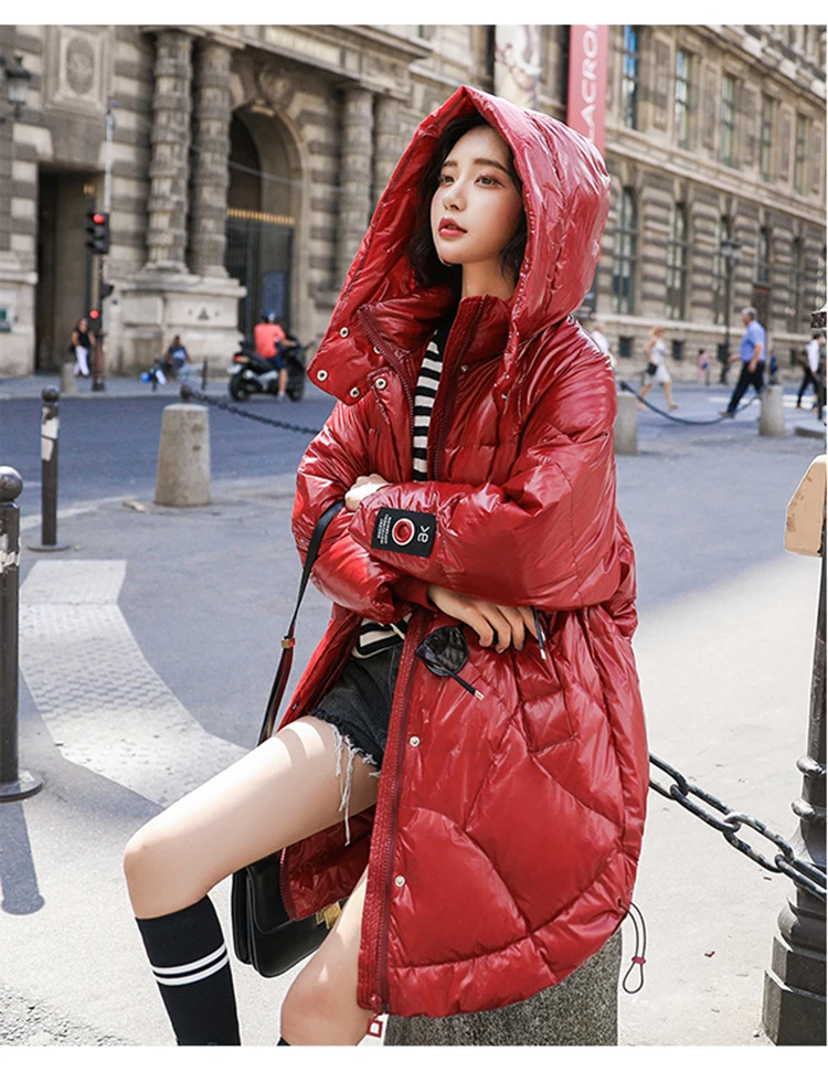 Зимняя Длинная женская куртка-пуховик с утиным пухом, новинка, свободный пуховик на молнии с капюшоном, большой размер, однотонный, черный, красный цвет, теплая Женская куртка