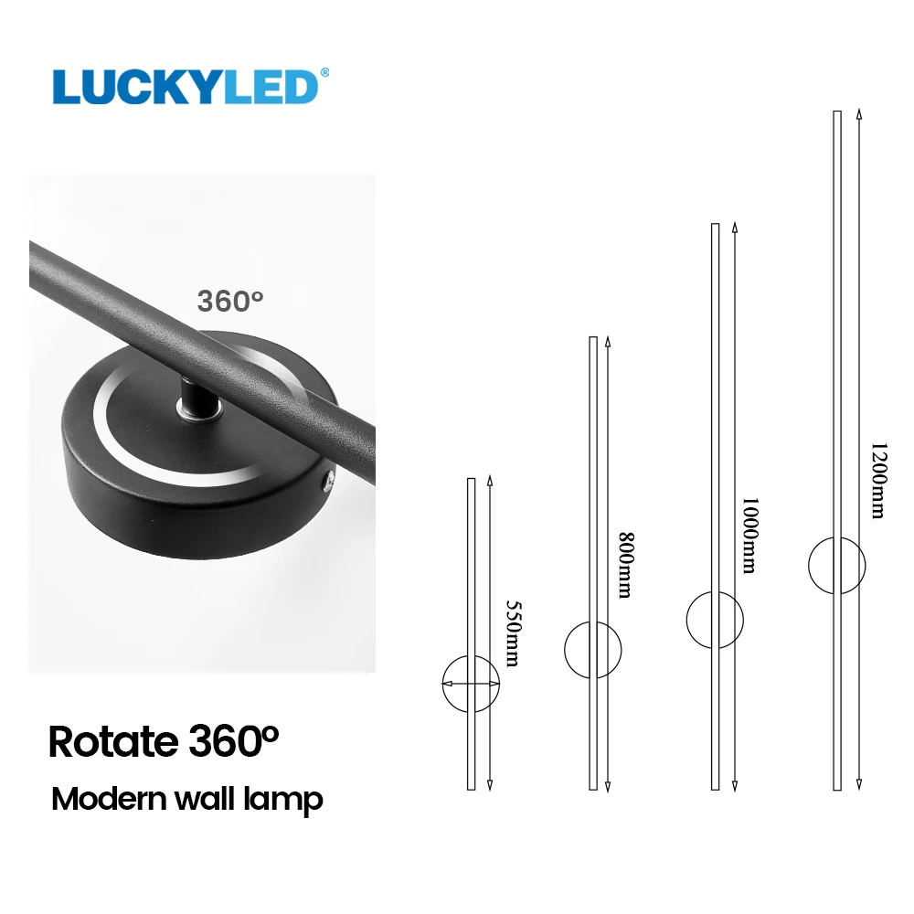 LUCKYLED Simple Led Wall Light Indoor Black White 360&deg; Rotatable Wall Lamp for Living Room Bedroom Bedside Light Sconce
