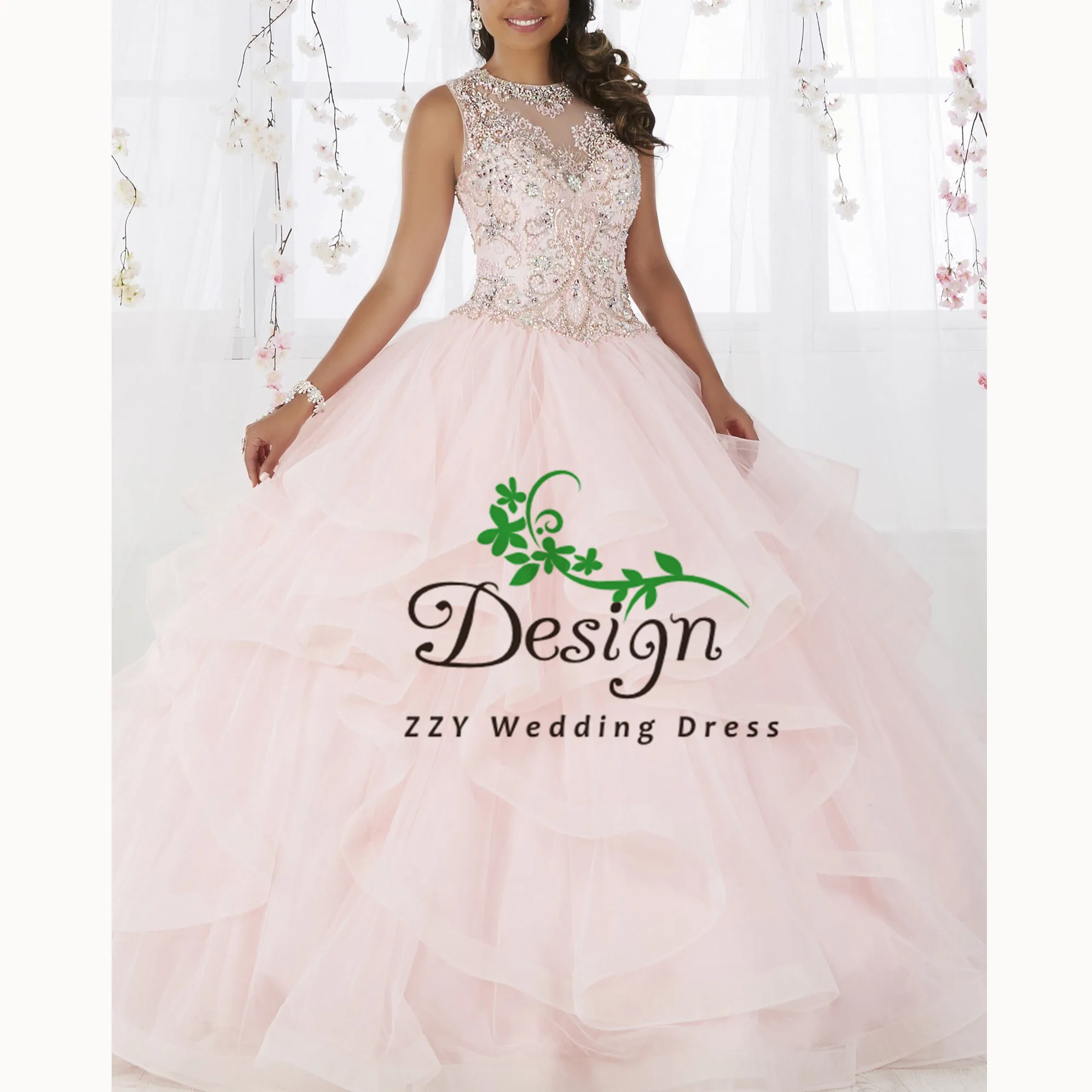 Vestidos de Quinceanera с лямкой на шее бальное платье с кристаллами Расшитое бисером в честь пятнадцатилетия платья аппликации с длинным шлейфом сладкий 16 платье
