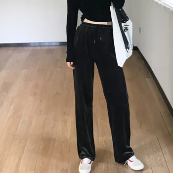 

Genayooa Loose Velvet Trousers Women Pants Winter High Waist Wide Leg Pants Women Black Elastic High Street Female Pants Korean