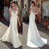 Customized Scoop Short Sleeve Lace Appliques Mermaid Wedding Dresses Natural Slim Buttons Back Women Bride Gown Illusion Vestido 1