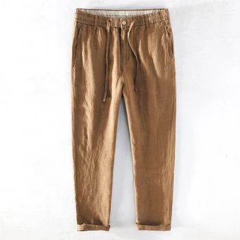 

2020 Smmer 100% Pure Linen Ankle-length Pants Men Cool Elasticated Waistband Drawstring Plus Size Straight Trousers Male Y2740