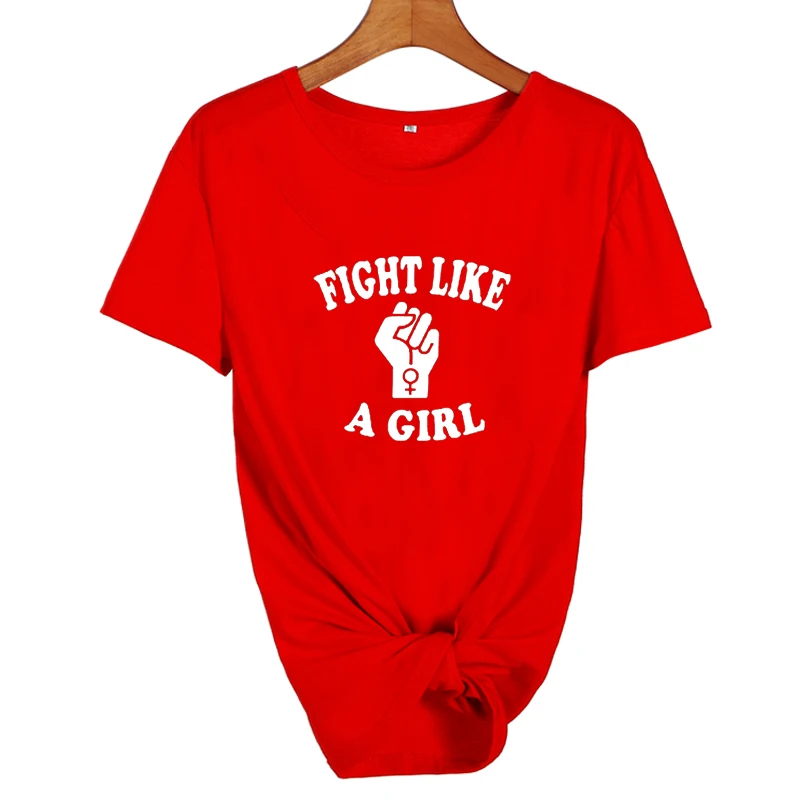 Футболка Fight Like A Girl, женская одежда, новинка, Tumblr, футболка с феминистским принтом, Футболка Harajuku power Sign, графическая футболка, топы - Цвет: red-white