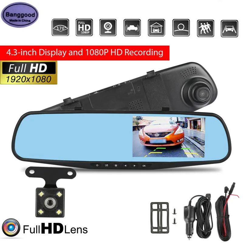 4.3'' HD 1080P Dual Lens Car DVR Front Rear Dash Camera Rearview View Mirror Kit 