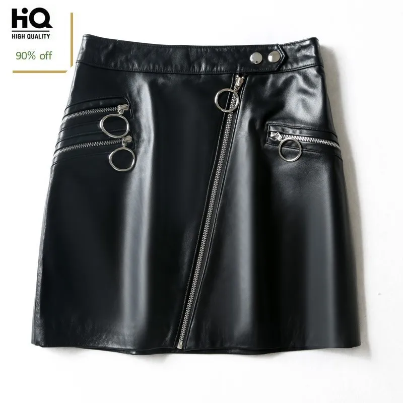 

High Quality Luxury Lady Genuine Leather Short Skirts Fashion Solid Zipper High Waist Wrap Skirts Elegant Slim Fit A-Line Skirts