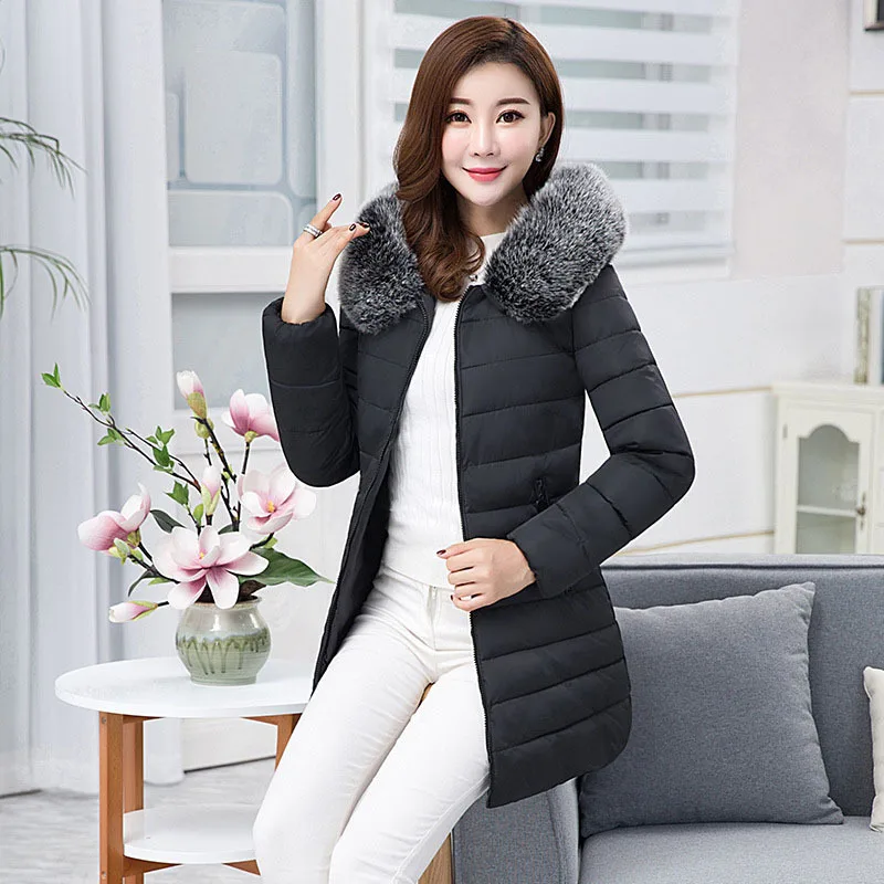 Новинка зимы Стиль женское платье Slim Fit для похудения одежда на Хлопчатобумажной Подкладке, большой меховой воротник, средней длины, куртка-жакет для детей и подростков, из объемного хлопка для девочки, большой