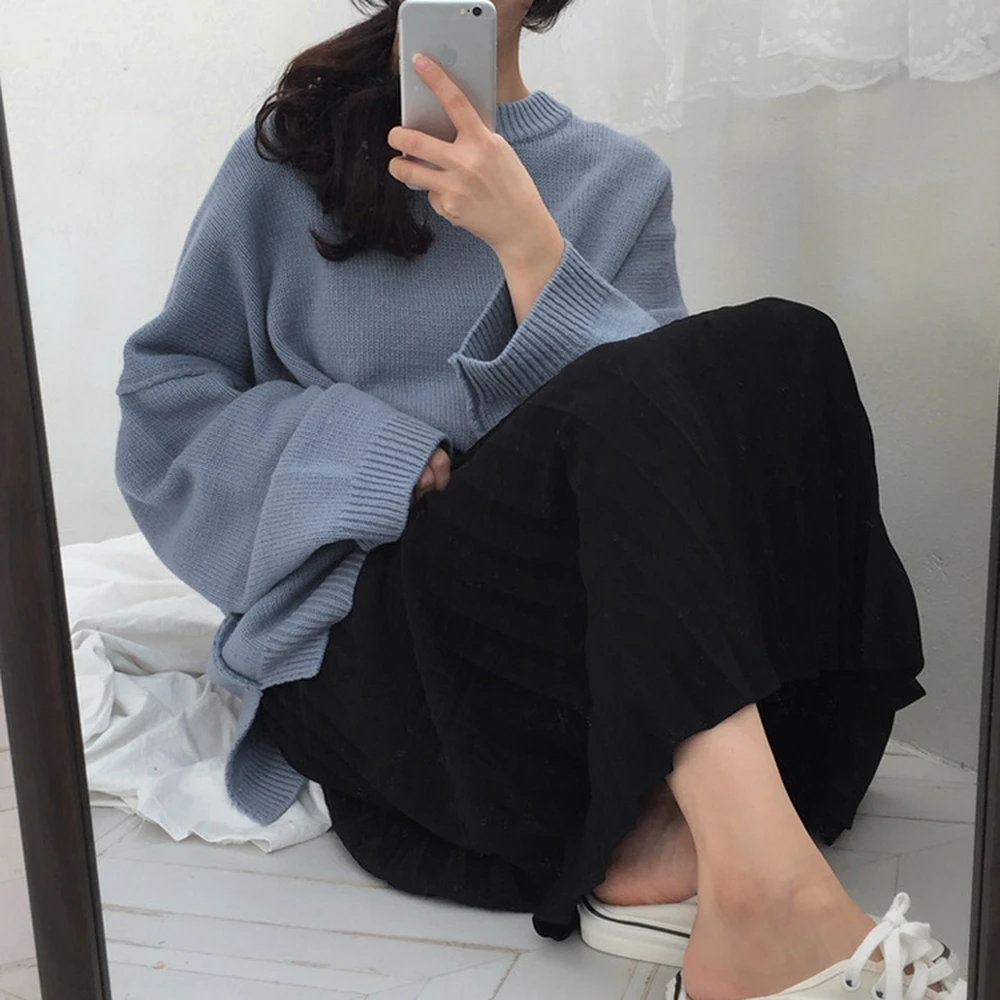 Женский осенний свитер с длинным рукавом сплошной цвет o-образным вырезом корейский стиль элегантный свободный Vestidos Повседневный вязаный большие размеры Трикотаж Mujer
