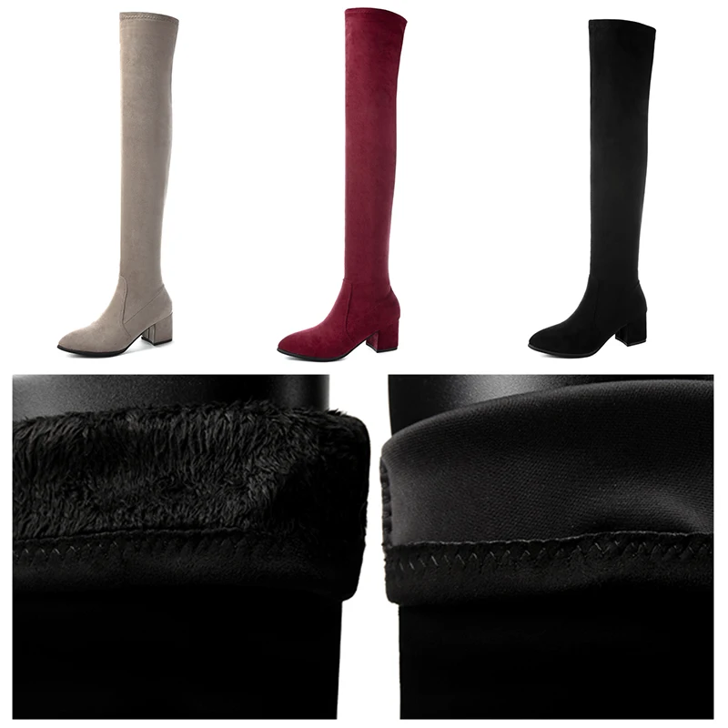 Najtaniej 2019 nowy buty damskie zimowe Over The Knee kobiety Stretch moda czerwony czarny but Sexy wysokie buty na obcasie pluszowe futerkowe buty kobiet buty