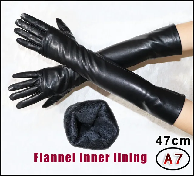 Extended Leather Gloves Ladies Sheepskin Mid-long Winter Warm Leather Sleeves Plus Velvet Thickened Driving Touch Screen Women's A7 47cm