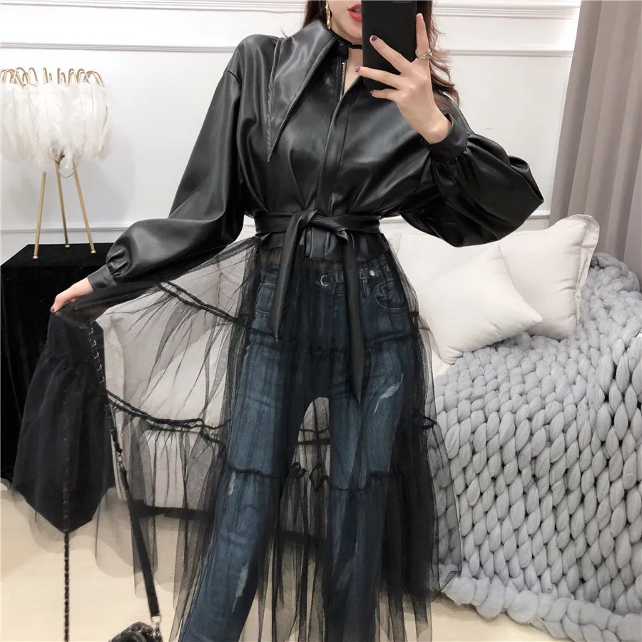 WHITNEY WANG осенне-зимняя модная уличная сетчатая юбка Лоскутная куртка из искусственной кожи женское пальто из искусственной кожи