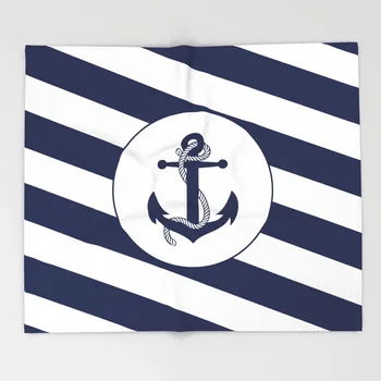 

Nautical Anchor Navy Blue White Stripes Beach Blanket 3D Flannel Blanket for Bed Fleece Throw Funny Plush Bedspreads Wholesale