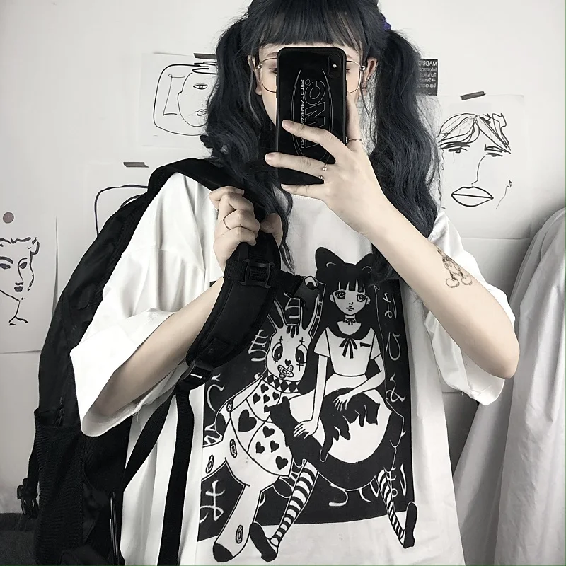 Aesthetic Harajuku T Shirt Gothic Punk Cartoon Print Short-sleeved O-Neck Femme Top Summer Women Tshirt Oversize Street Clothes