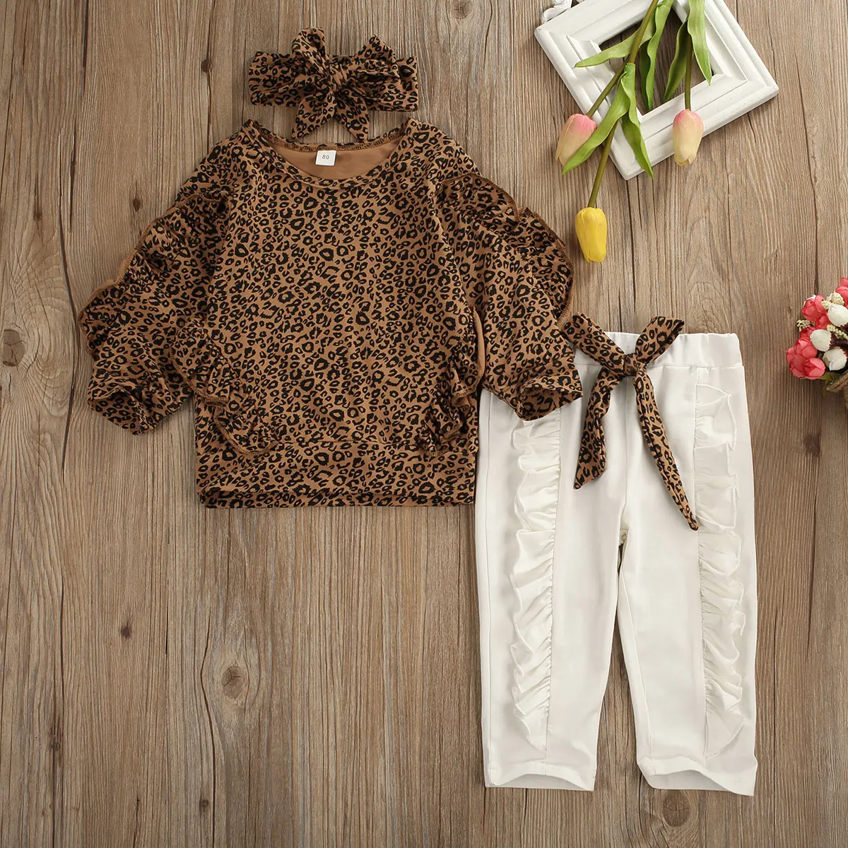 Модный детский комплект из 3 предметов для маленьких девочек; Леопардовый топ с оборками; леггинсы; штаны; Спортивный костюм; Осенняя теплая одежда принцессы с длинными рукавами