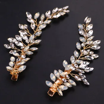 

1 Pair Handmade Bling Crystal Leaf Hairpins Side Clips Tiaras Headbands for Women Bride Noiva Wedding Hair Jewelry FORSEVEN