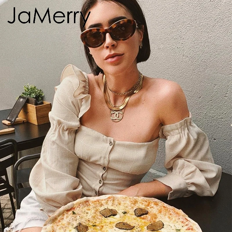 JaMerry винтажная гофрированная Сексуальная женская блузка с открытыми плечами рубашка осень на элегантных кнопках фонарь рукав женские топы вечерние повседневные топы