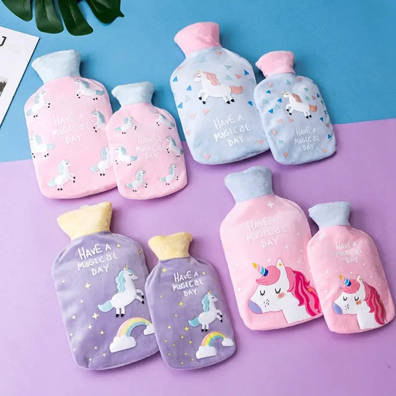 Bolsa de agua caliente portátil con dibujos de unicornios para mujer, minibotella de agua de inyección de agua de goma Natural