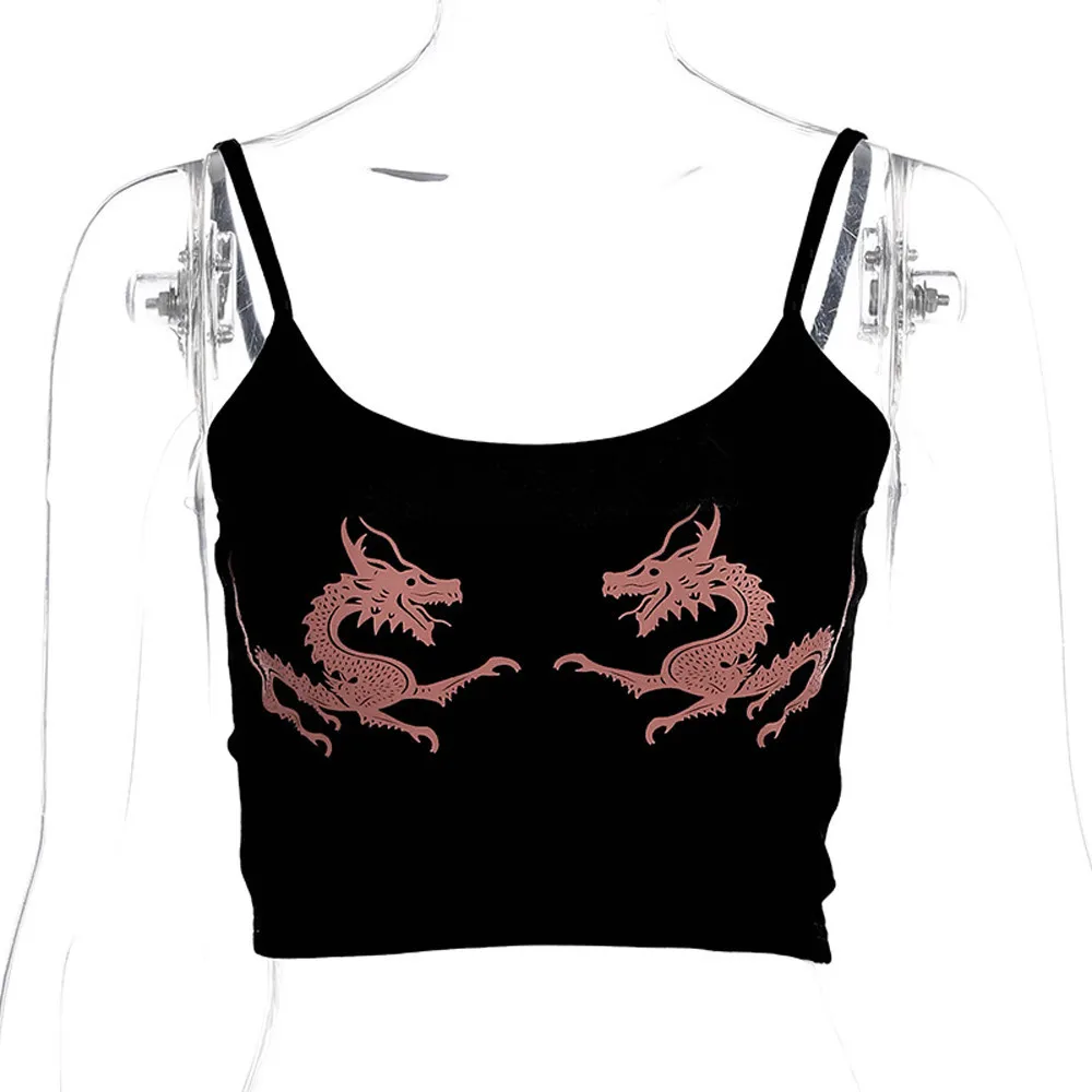 

Womens Sexy Vest dragon Printing Camisole Cotton Sleeveless T-Shirt Lady Strapless umbilical Blouse Lady Off Shoulder T-Shirts