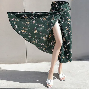 

Chic Floral One-piece Chiffon Long Beach Skirt Side Split Lace Up Skirt Summer Women Floral Printed High Waist Casual jupe femme