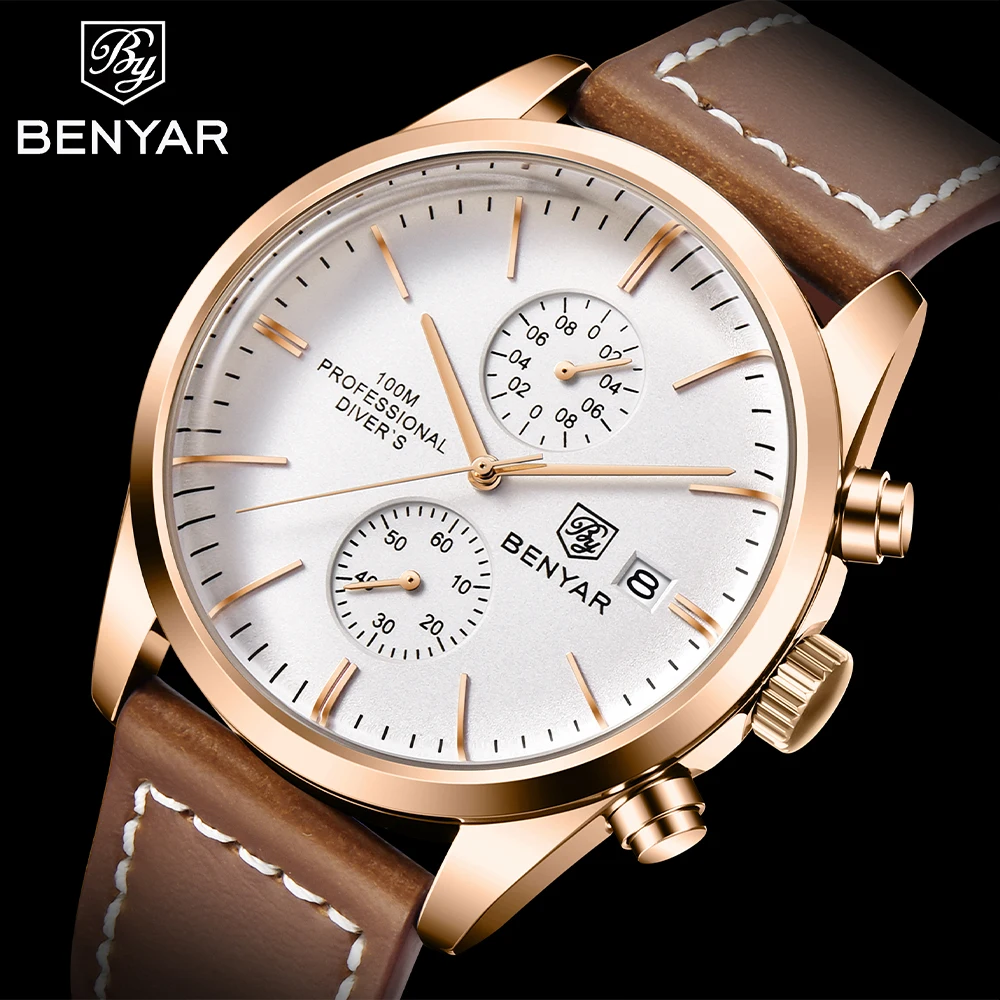 2021 BENYAR New Sports Watch for Men Top Brand Leather Waterproof Chronograph Men Military Men Quartz Wristwatches reloj hombre