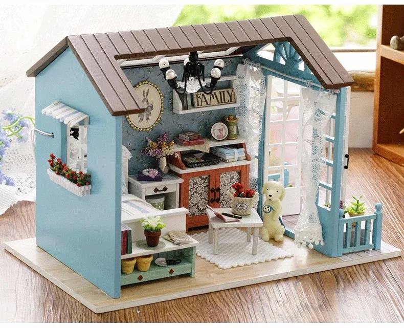 

DIY 3D Doll House Miniature Dollhouse with Furnitures Wooden House Toys for Children Creative Gift Forest Blue Time