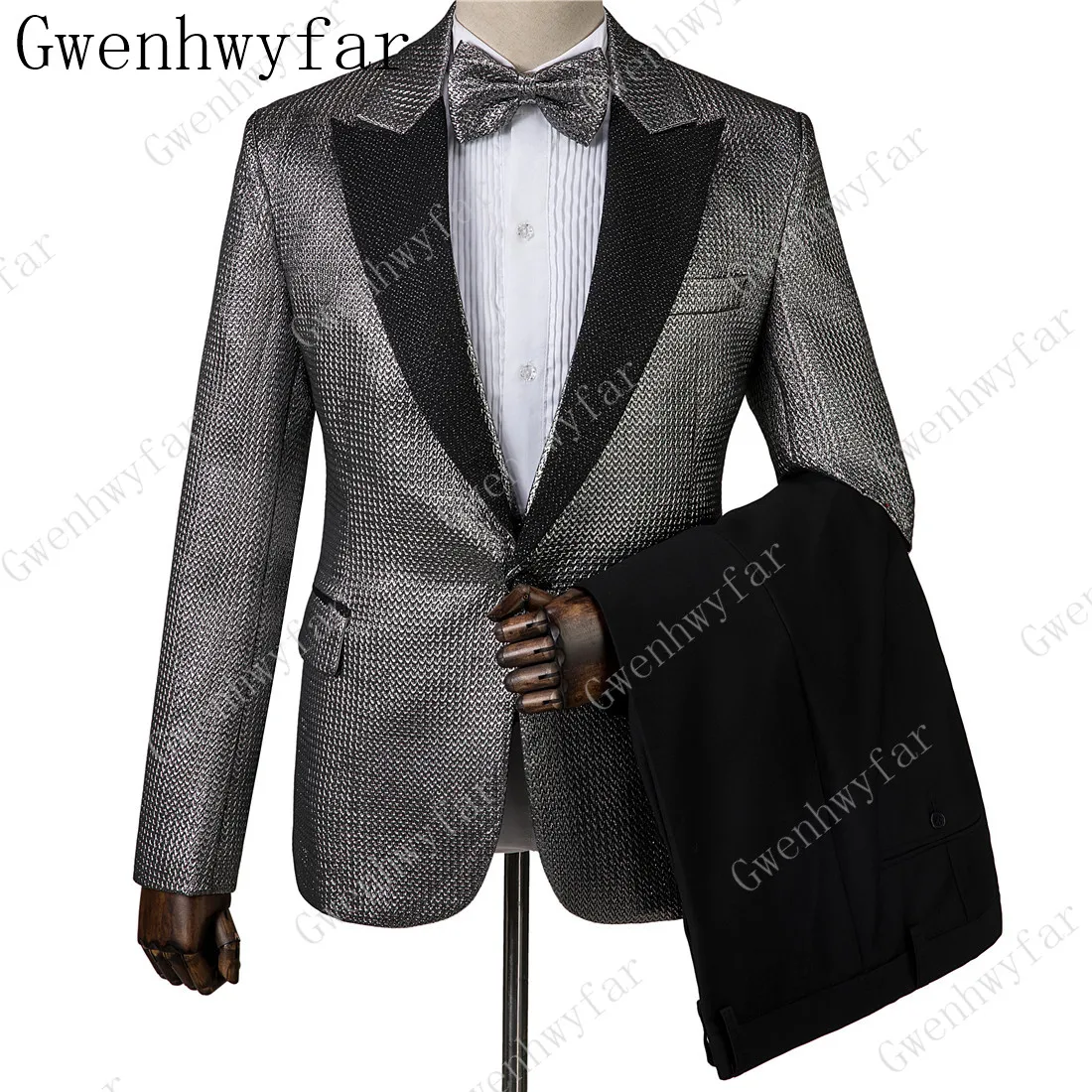 Zwart Siler Glanzende Jacquard Pak Mannen Peak Kraag Hoge Kwaliteit