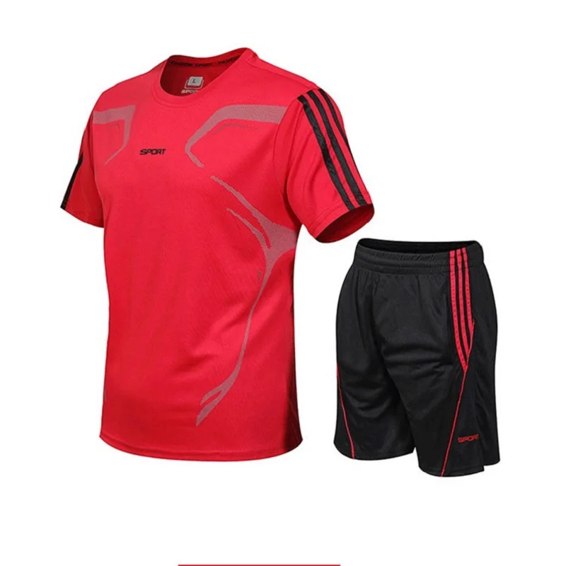 Red Set Лидер продаж 2 шт./компл. тренажерный зал для бега, йоги костюмы спортивный костюм для мужчин спортивный тренировочный костюм Фитнес футболка+ шорты бег трусцой спортивные костюмы футболки игроков футбольного клуба" - Цвет: Red Set