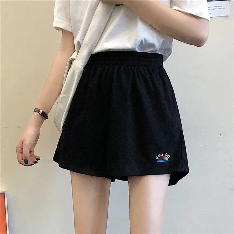 Women Summer Harajuku Embroidery Elastic High Waist Black Biker Sports Shorts Korean Casual Beach Fitness Fashion Shorts Female