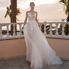 

Vestido de Noiva 2022 Chic Champagne Pink Lace Wedding Dresses Vintage Boho Wedding Gowns A Line Beach Bridal Dress Long Sleeve