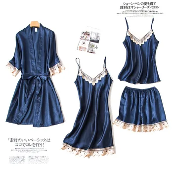 

Plus Size 2XL 2010 Women Pajamas Sets Satin Sleepwear Silk 4 Pieces Nightwear Pyjama Spaghetti Strap Lace Sleep Lounge Pijama