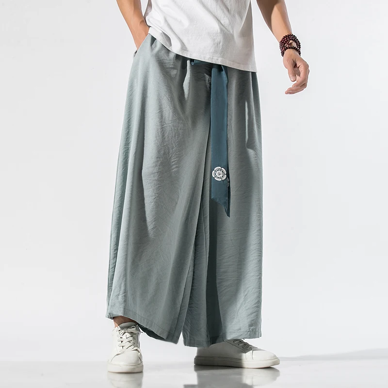 Wide Leg Pants Men Cotton Joggers Retro Loose Chinese Style