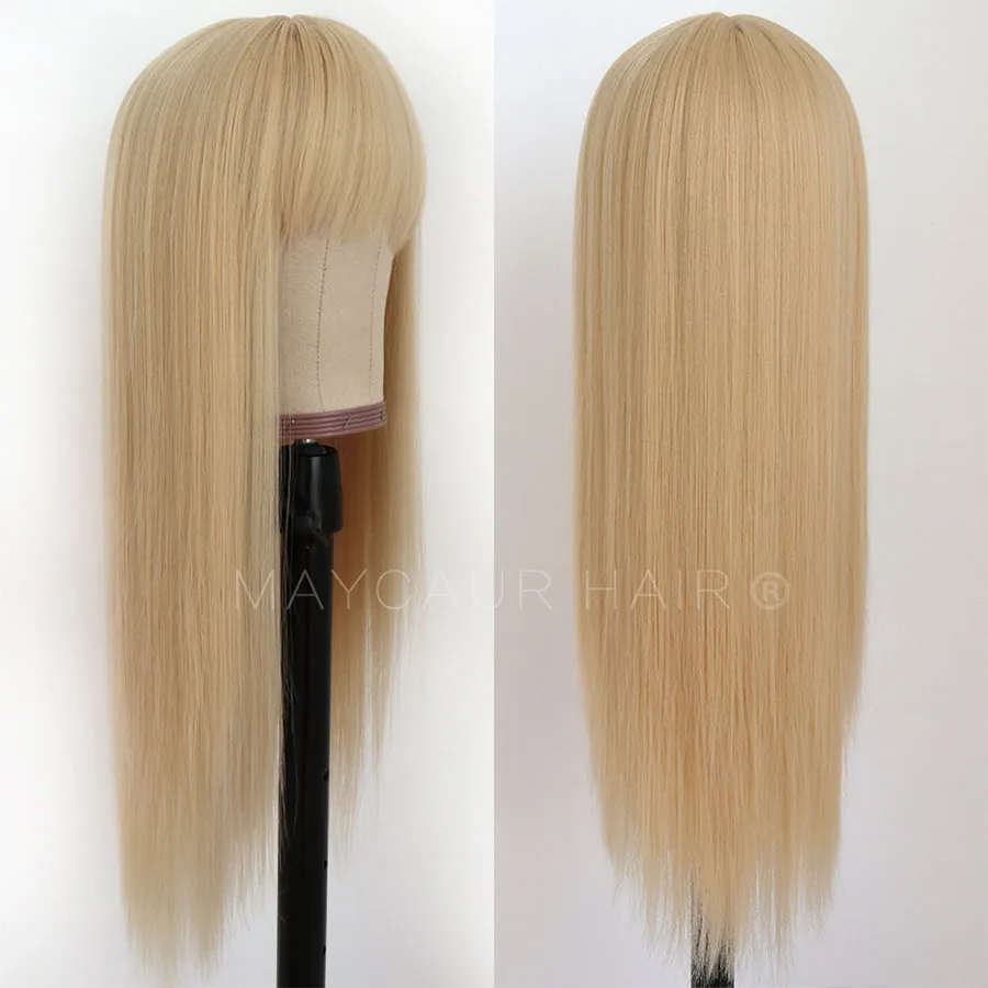 Maycaur Blonde Synthetic Hair Wigs with Full Bangs #613 Color Long Straight Women's Wig Heat Resistant Synthetic No Lace Front Wig (4)