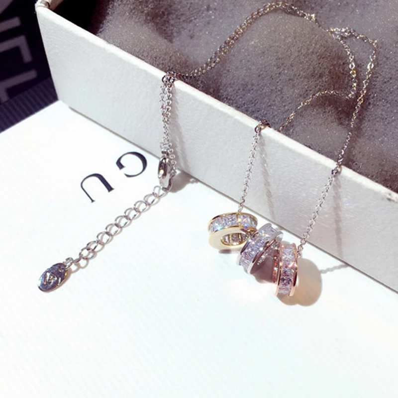 Hot Sale 3 Colors Super Shine Exquisite CZ Circle Necklace for Women AAA Bling Cubic Zircon Temperament Clavicle Chain Jewelry