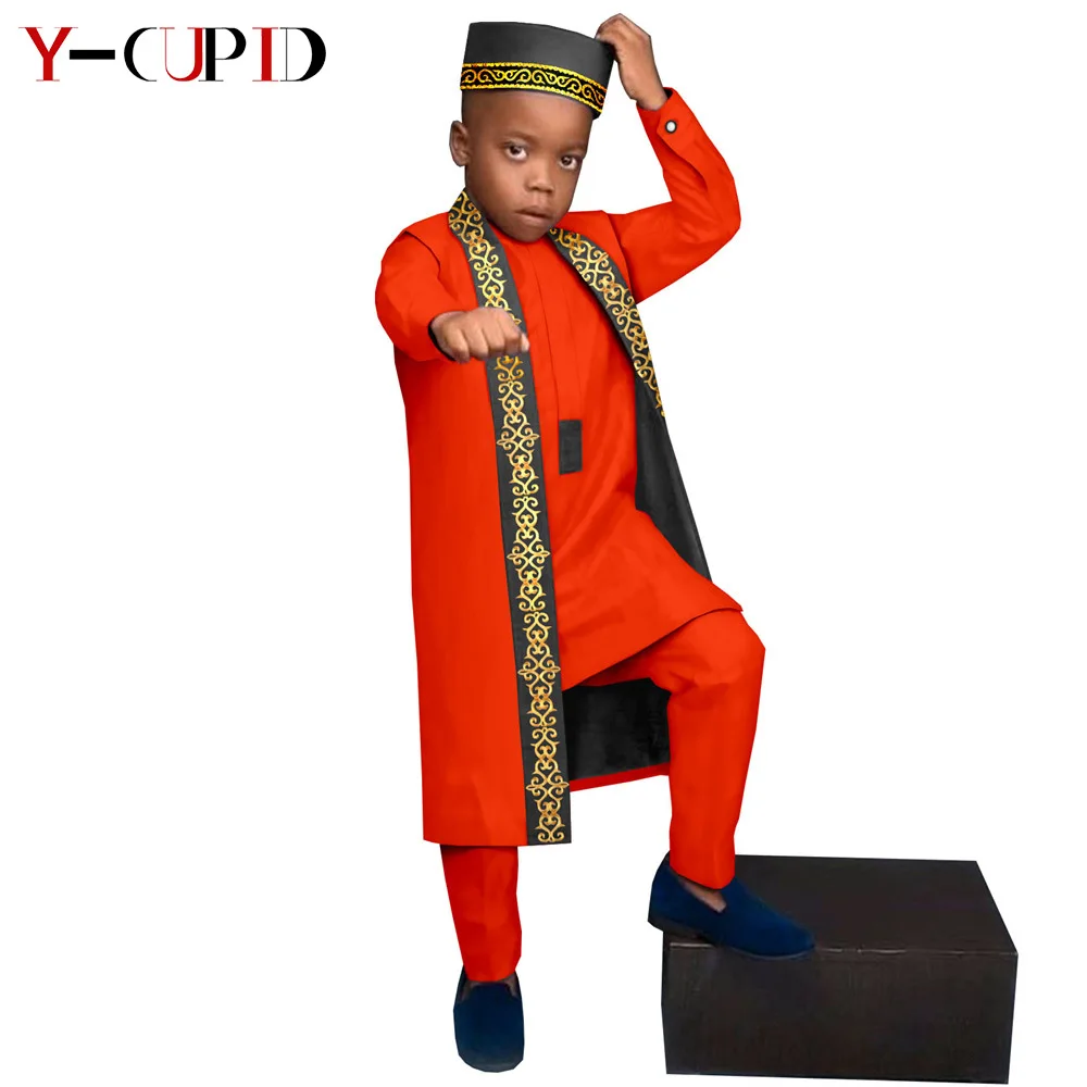 african wear African Clothes for Kids Bazin Riche Boys Outfits Tee + Pants + Long Vest + Cap Dashiki Hat African Children Clothing Y214003 african culture clothing Africa Clothing