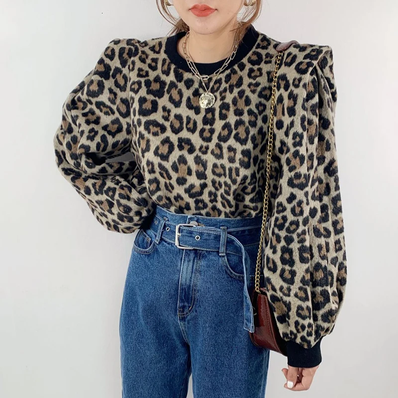 GALCAUR винтажный Леопардовый свитшот для женщин с круглым вырезом и рукавом-фонариком, Свободный пуловер, осенне-зимние толстовки для женщин