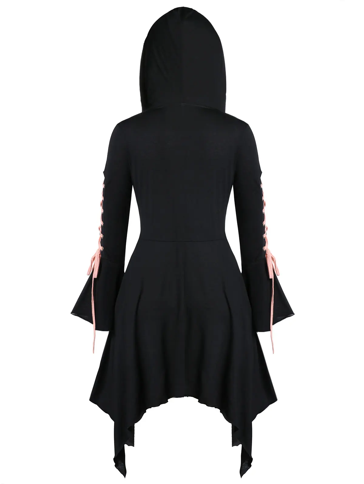 ROSEGAL Plus Size Hooded Women Lace Up Handkerchief Halloween Coat Pleated A-Line Long Gothic Trenc