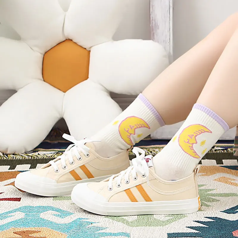 Корейский стиль, модные забавные носки для скейтборда в стиле хип-хоп, уличные стильные носки в полоску с рисунком Луны для девочек, счастливые длинные женские носки