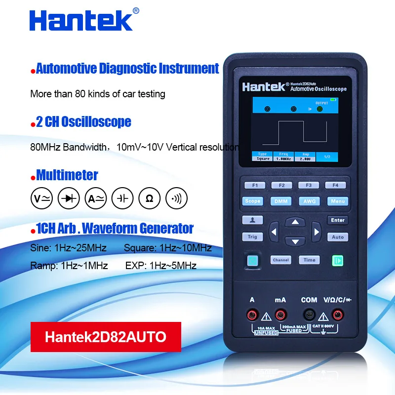 

Hantek Handheld 2D82 Auto Digital Oscilloscope Multimeter 4 in1 2 Channels 80MHz Signal Source Automotive Diagnostic 250MSa/s