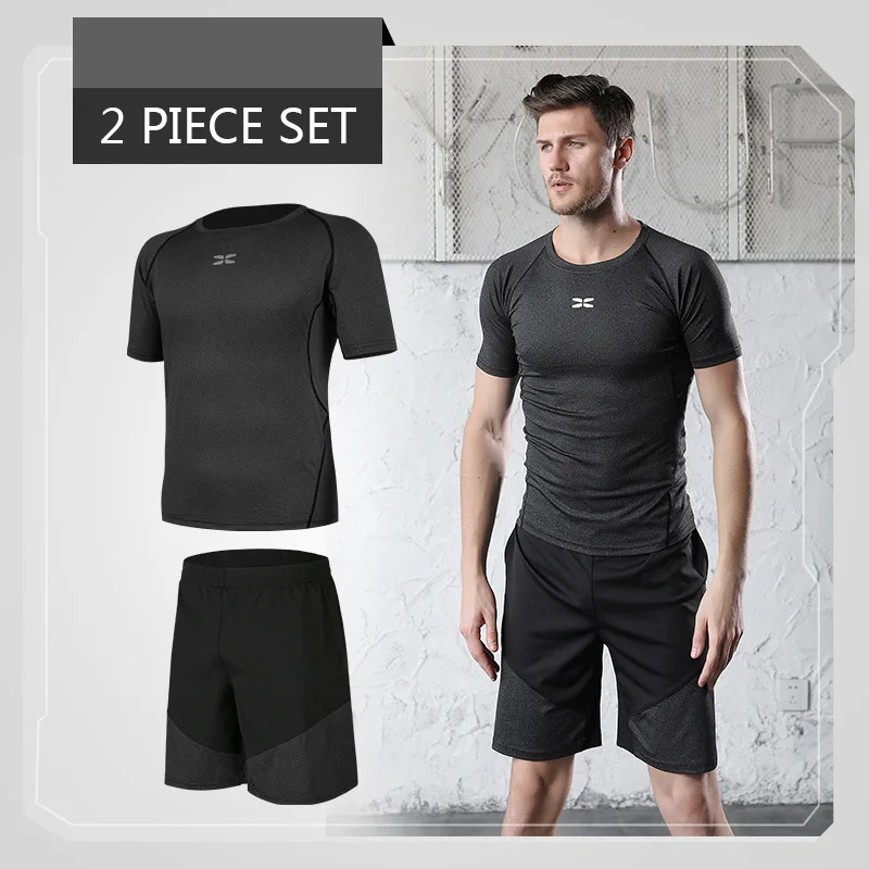 2 piece set-2 Вторая кожа высокое качество-сушка компрессионный мужской спортивный костюм для бега спорт фитнесс тренировка бег - Цвет: 2 piece set-2