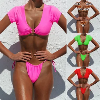 

2020 New Style Pure Color Bikini Short-Sleeved Women's Swimsuit Split Strap Swimsuit European and American Sexy Bikini