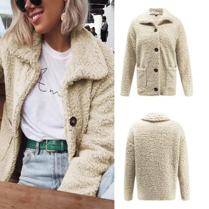 Chaquetas mujer, новинка, Женский флисовый кардиган, теплая куртка, куртка женская, топ с отворотом, длинный рукав, одноцветная куртка на пуговицах