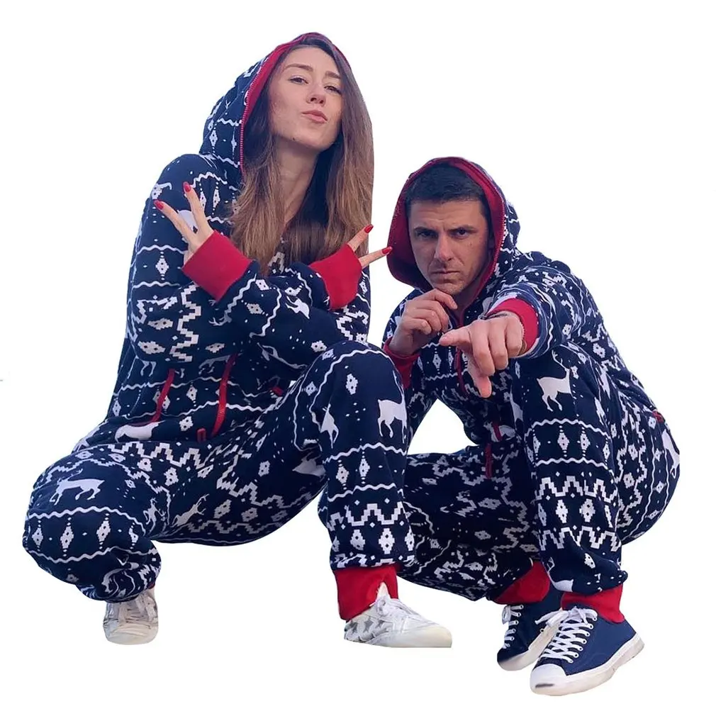 Unisex Christmas Jumpsuits Fall Winter Warm Romper Long Sleeve Hooded Zipper Jumpsuits Casual Lady Print Xmas Jumpsuit Homewear