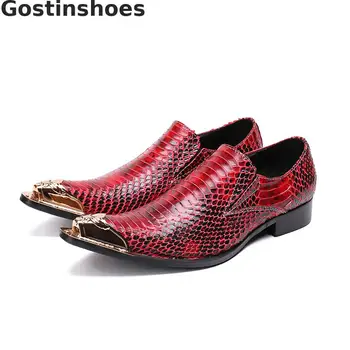 

Fashionable Style Men Shoes Genuine Leather Red Color Snakeskin Printed Metal Cap Toe Slip-on Men Oxfords Shoes Rubber Outsole