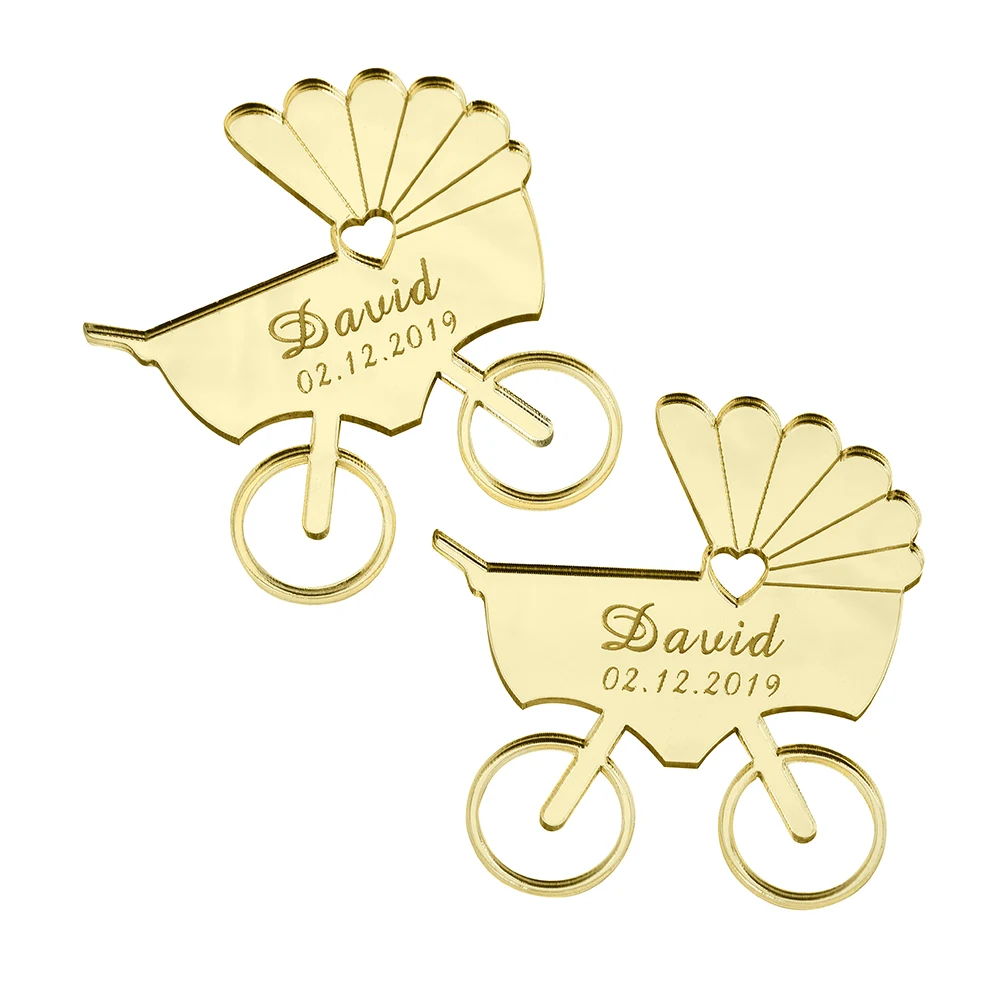 12 pcs Personalized Engraved Mirror Baby Carriage Name Card New Birth Born Acrylic Gift Decor Tags Favors Baby Shower Party - Цвет: Gold