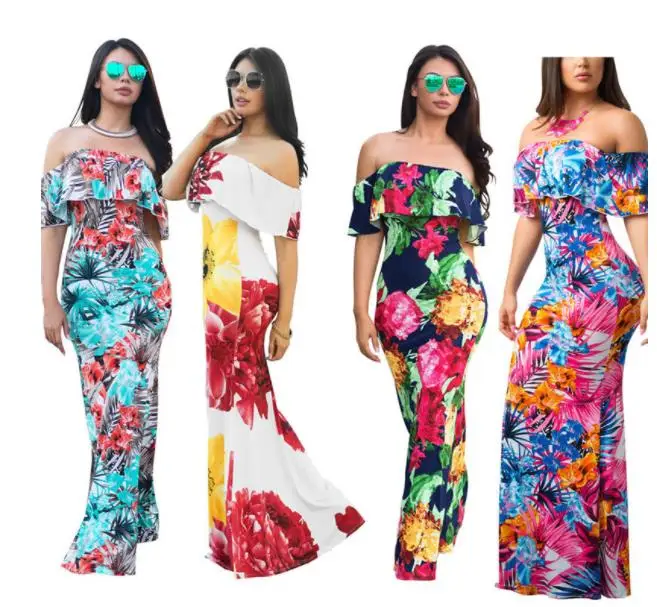 

African Dress New Fashion Womens Floral Long Maxi Dress Sexy Strapless Off Shoulder Ladies Summer Party Dress Beach Sundress