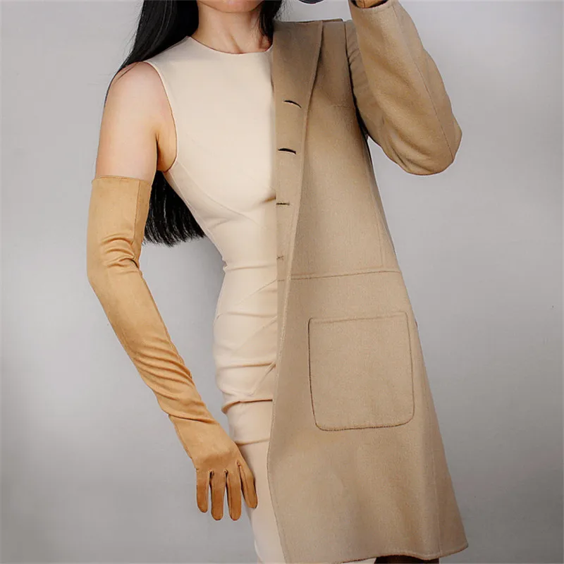 nude color 60 см замшевые очень длинные перчатки длинная секция имитирующий кожаный светильник Коричневые Бежевые бежевые Бежевые Замшевые женские перчатки WJP36-60 - Цвет: nude color