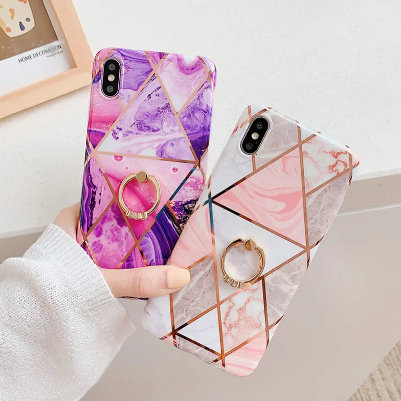 

Ottwn Marble Texture Holder Case For iPhone 7 8 6 6S Plus X XR XS Max 11 2019 Finger Ring Plating Phone Case Soft IMD Back Cover