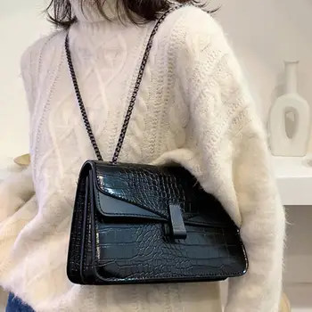 

Vintage Fashion Crocodile pattern Square Crossbody Bag 2019 New Quality PU Leather Women's Handbag Chain Shoulder Messenger Bag