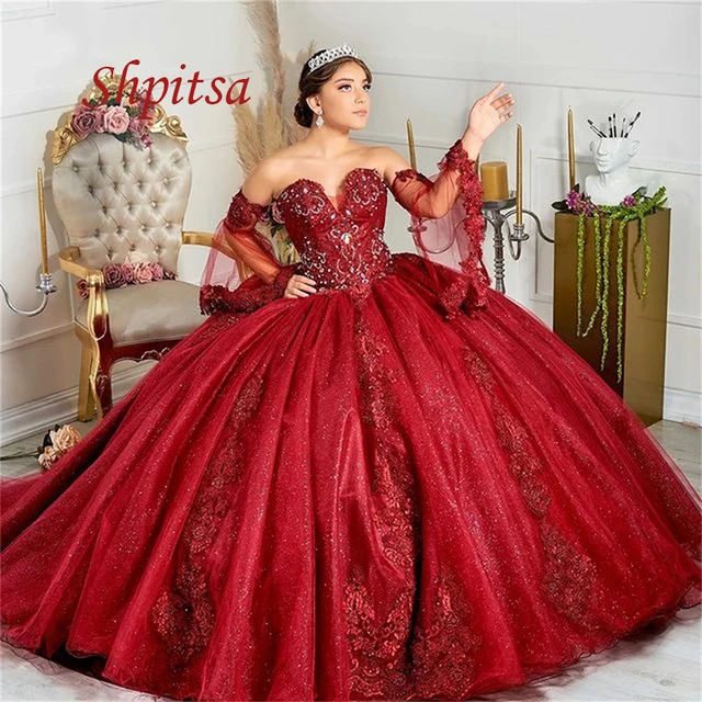 de Quinceañera de encaje rojo vestido de baile, cristales talla grande, baile