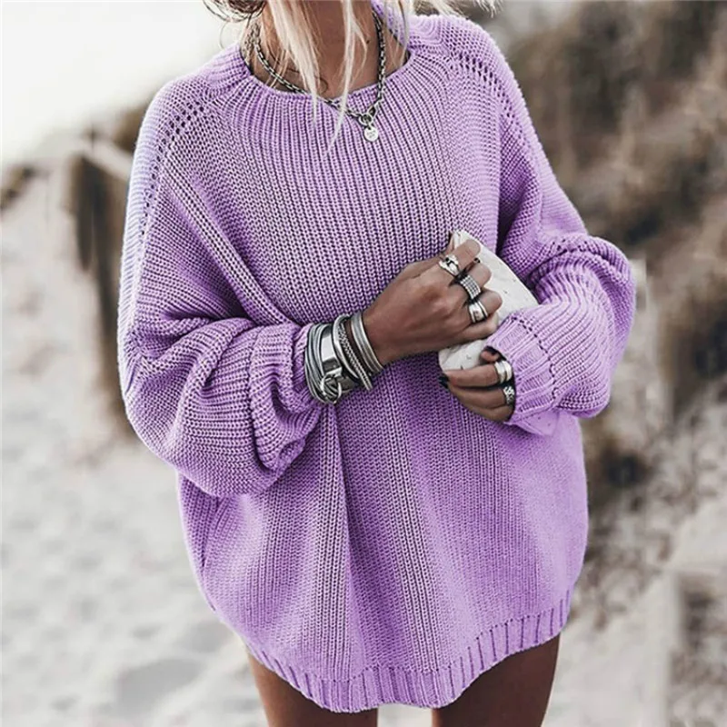 

Women Loose Pure Color O-neck Long Sleeve Knitted Pullovers Tops Plus Size Sweater New Autumn Winter Fashion Oversized Sweaters